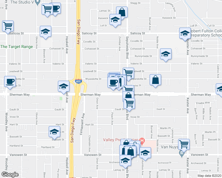 map of restaurants, bars, coffee shops, grocery stores, and more near 15403 Sherman Way in Los Angeles