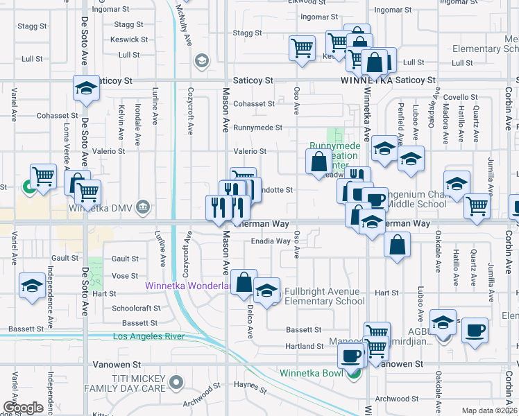 map of restaurants, bars, coffee shops, grocery stores, and more near 20417 Sherman Way in Los Angeles