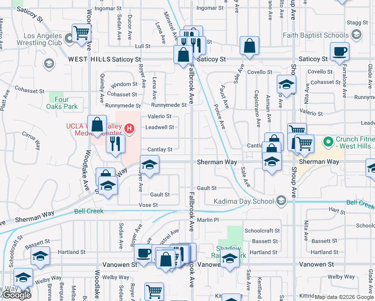 map of restaurants, bars, coffee shops, grocery stores, and more near 22828 Cantlay Street in Los Angeles