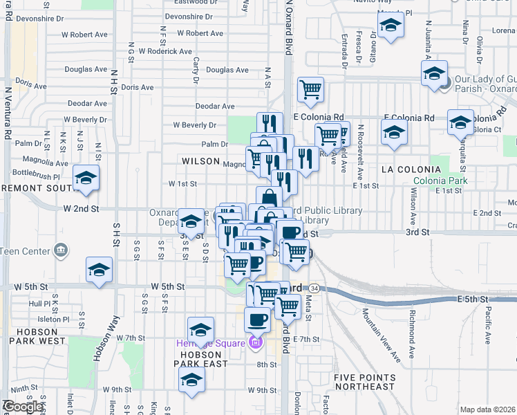map of restaurants, bars, coffee shops, grocery stores, and more near 250-298 W 2nd St in Oxnard