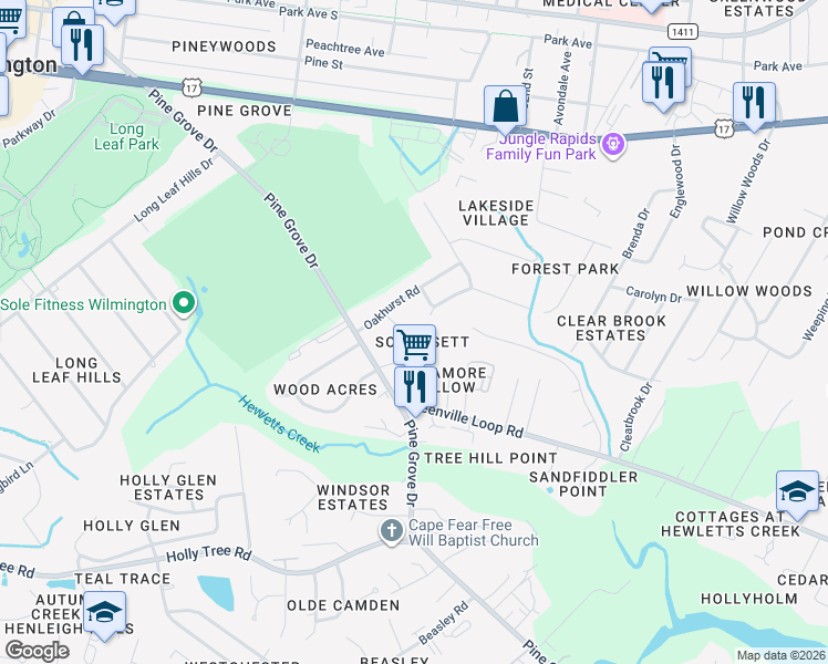 map of restaurants, bars, coffee shops, grocery stores, and more near 5131 Somersett Lane in Wilmington