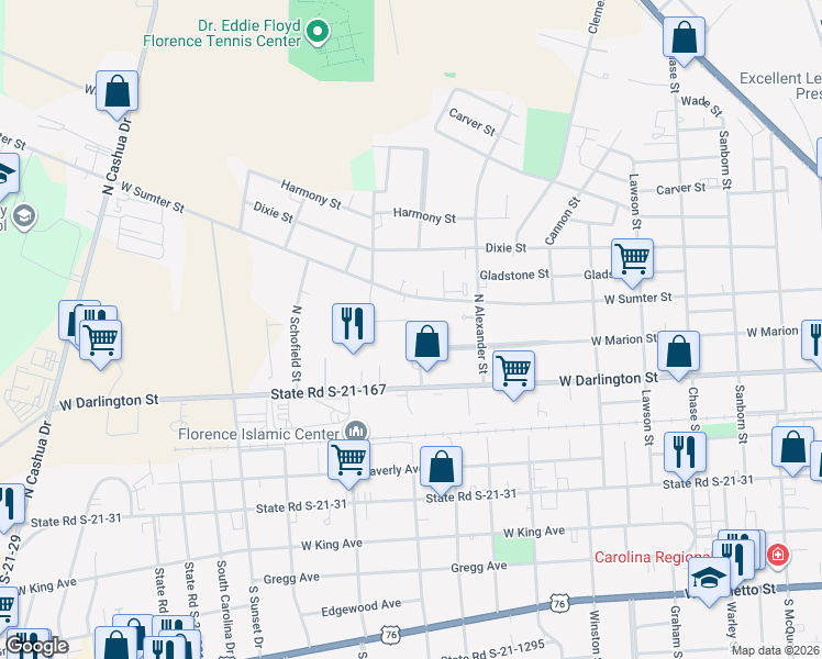 map of restaurants, bars, coffee shops, grocery stores, and more near 1025 West Marion Street in Florence