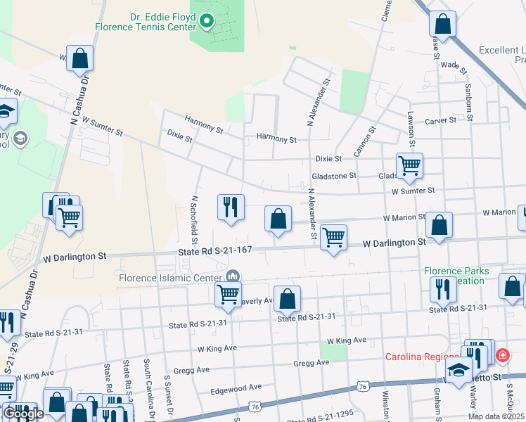 map of restaurants, bars, coffee shops, grocery stores, and more near 1110 Carver Circle in Florence