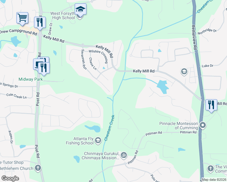 map of restaurants, bars, coffee shops, grocery stores, and more near 4890 Savannah Run in Cumming
