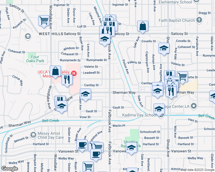 map of restaurants, bars, coffee shops, grocery stores, and more near 7221 Fallbrook Avenue in Los Angeles