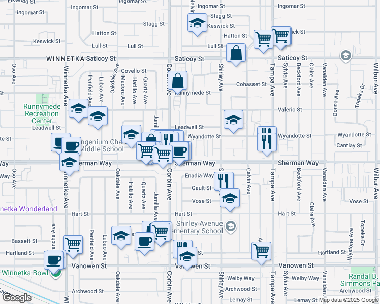 map of restaurants, bars, coffee shops, grocery stores, and more near 19545 Sherman Way in Los Angeles