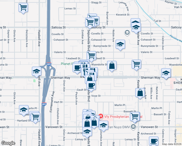 map of restaurants, bars, coffee shops, grocery stores, and more near 7214 Sepulveda Boulevard in Los Angeles