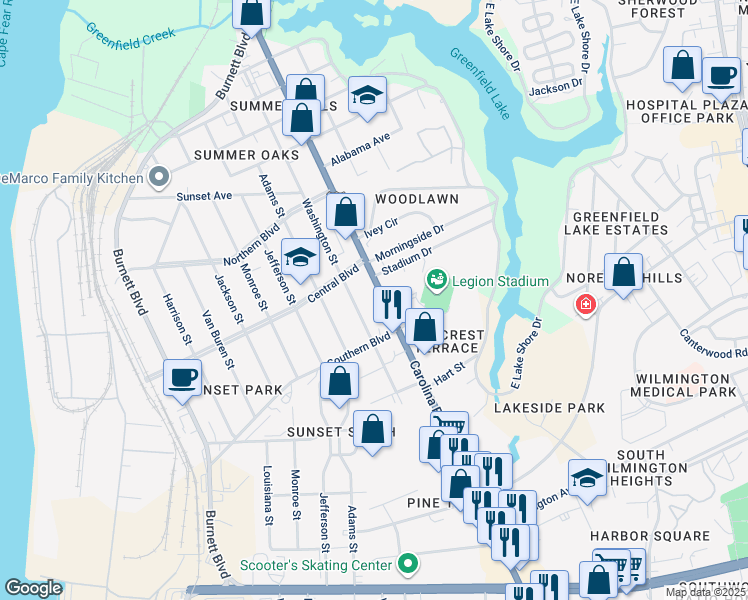 map of restaurants, bars, coffee shops, grocery stores, and more near 2138 Carolina Beach Road in Wilmington
