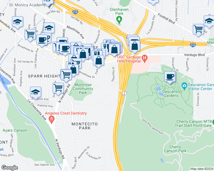 map of restaurants, bars, coffee shops, grocery stores, and more near 3481 Stancrest Drive in Glendale