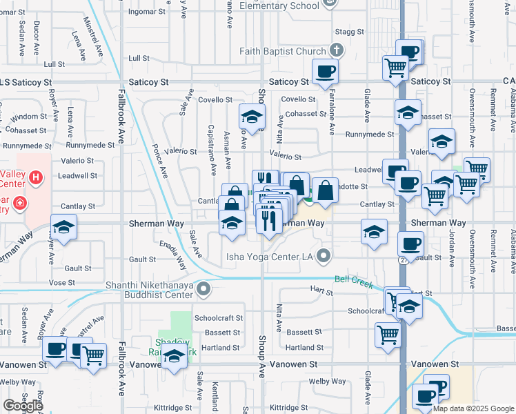 map of restaurants, bars, coffee shops, grocery stores, and more near 7225 Shoup Avenue in Los Angeles