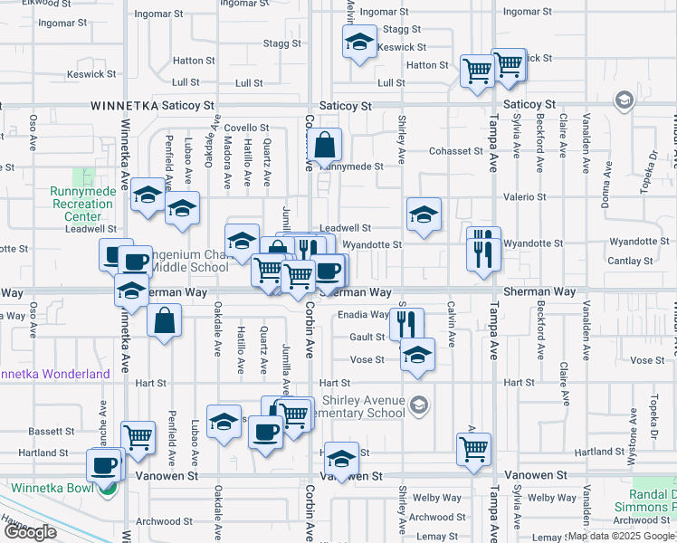 map of restaurants, bars, coffee shops, grocery stores, and more near 19609 Sherman Way in Los Angeles