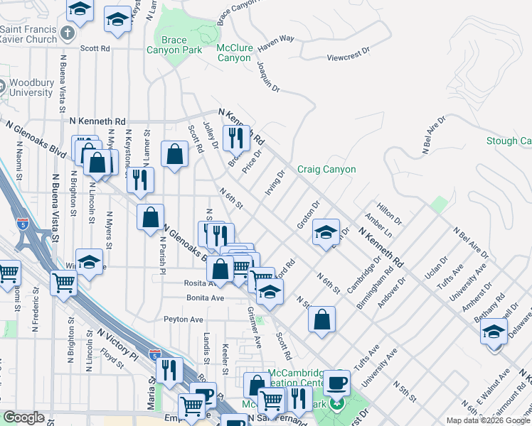 map of restaurants, bars, coffee shops, grocery stores, and more near 2405 Jolley Drive in Burbank