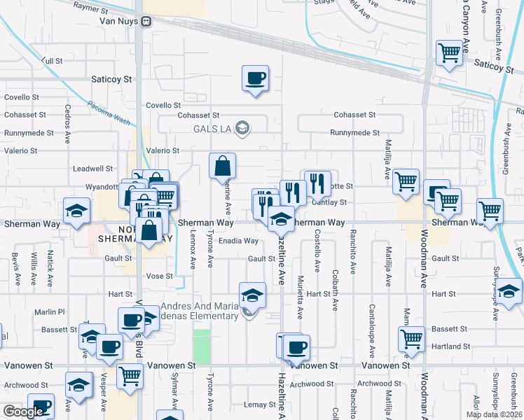 map of restaurants, bars, coffee shops, grocery stores, and more near 7214 North Chestnut Lane in Los Angeles