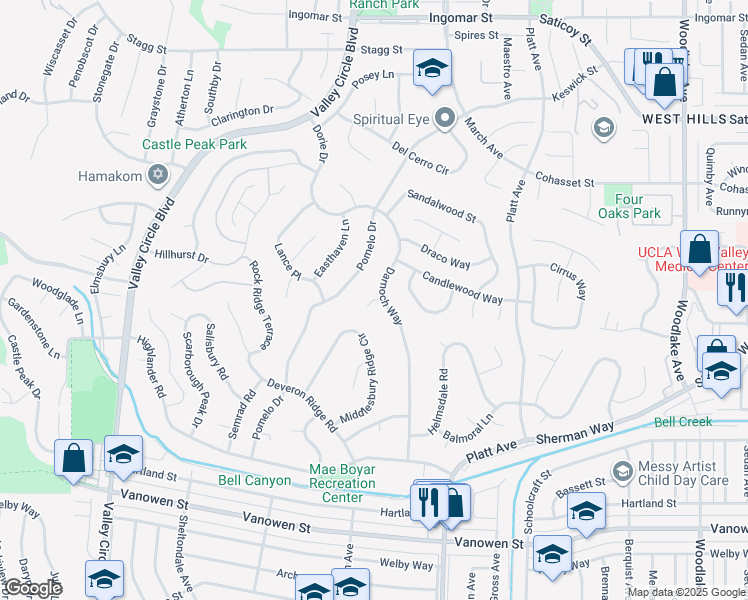 map of restaurants, bars, coffee shops, grocery stores, and more near 23760 Harwich Place in Los Angeles