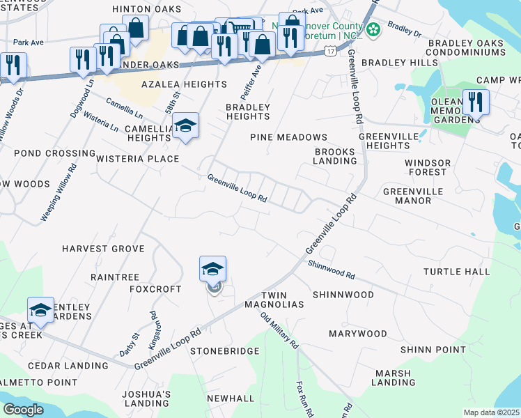 map of restaurants, bars, coffee shops, grocery stores, and more near 6023 Pine Laurel Drive in Wilmington