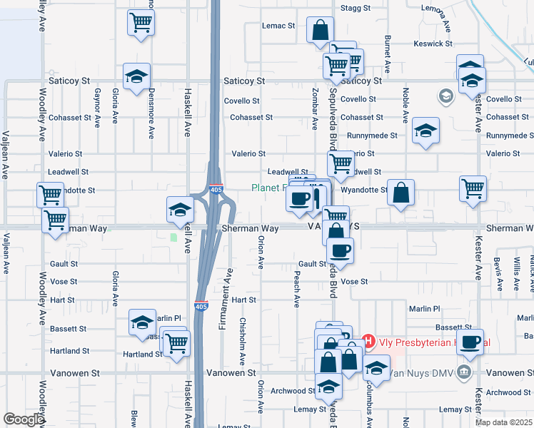 map of restaurants, bars, coffee shops, grocery stores, and more near 15455 Sherman Way in Los Angeles