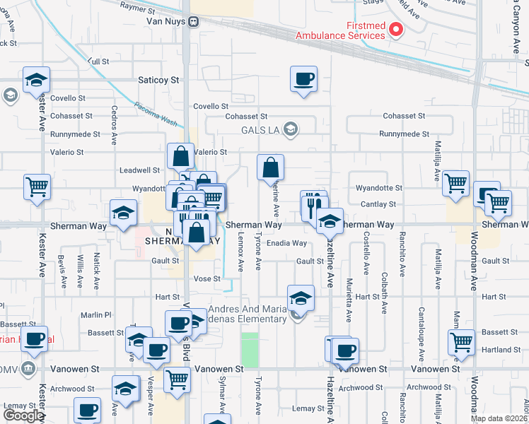 map of restaurants, bars, coffee shops, grocery stores, and more near 14305 Sherman Way in Los Angeles