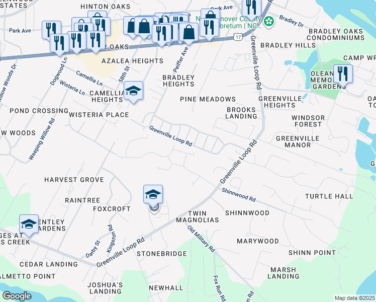 map of restaurants, bars, coffee shops, grocery stores, and more near 6023 Pine Laurel Drive in Wilmington