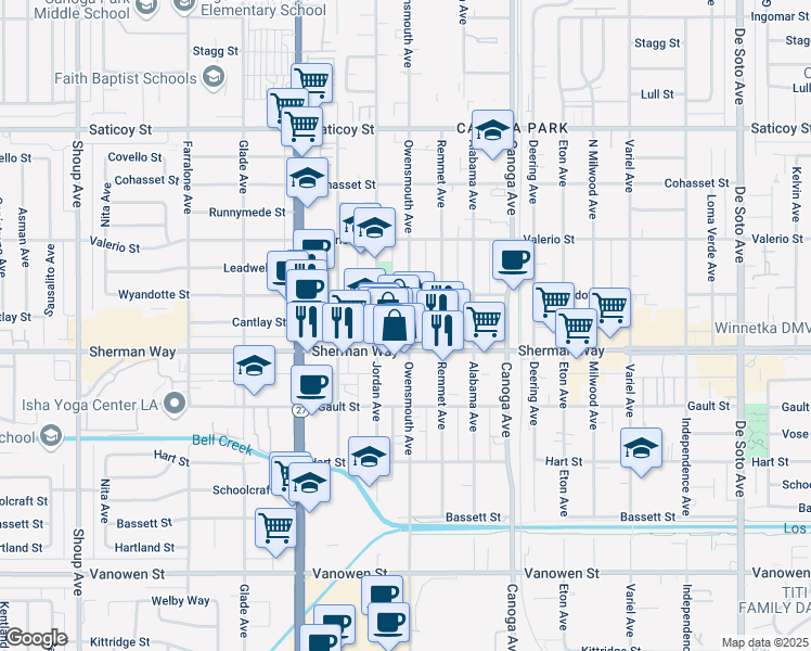 map of restaurants, bars, coffee shops, grocery stores, and more near 7227 Owensmouth Avenue in Los Angeles