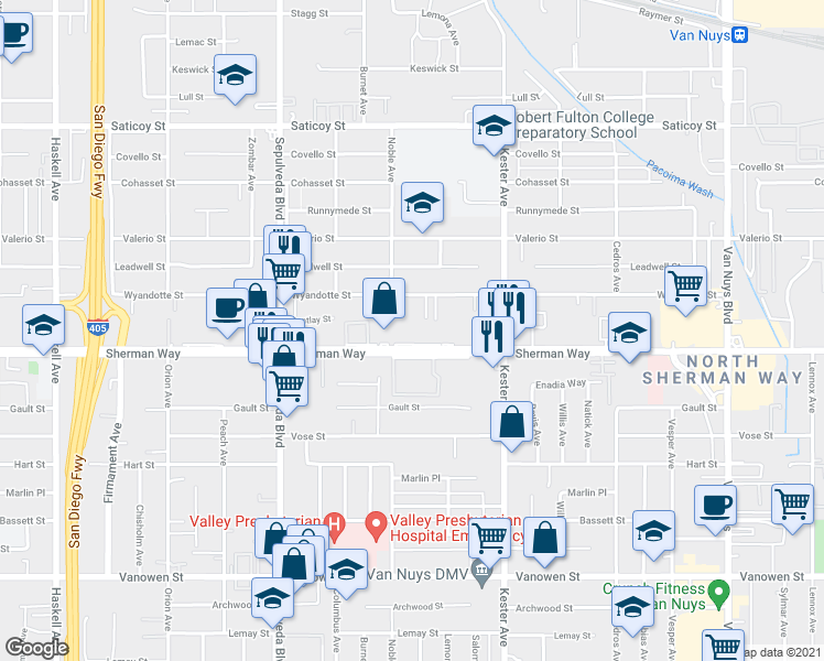 map of restaurants, bars, coffee shops, grocery stores, and more near 15053 Sherman Way in Los Angeles