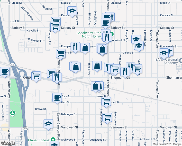 map of restaurants, bars, coffee shops, grocery stores, and more near 11803 Sherman Way in Los Angeles