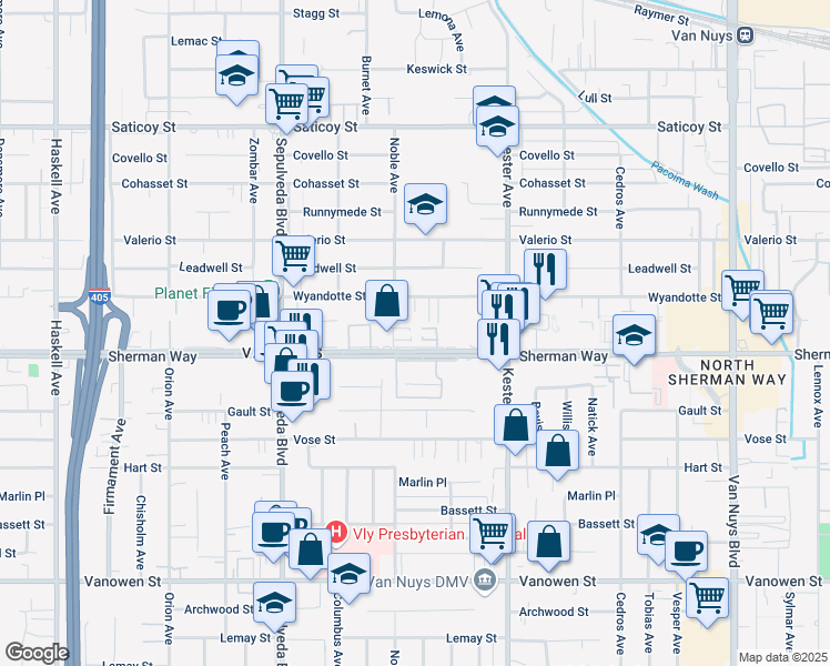 map of restaurants, bars, coffee shops, grocery stores, and more near 15051 Sherman Way in Los Angeles