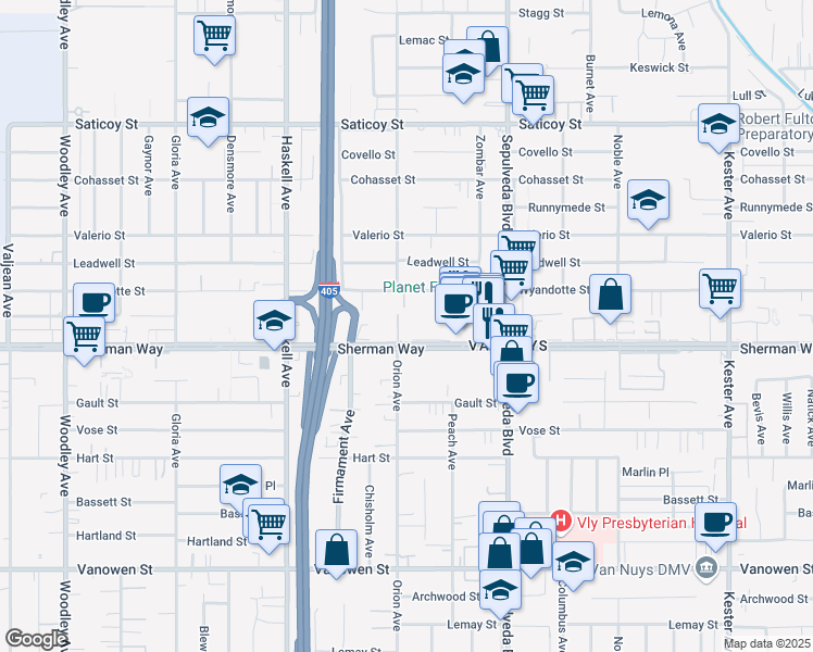 map of restaurants, bars, coffee shops, grocery stores, and more near 15455 Sherman Way in Los Angeles