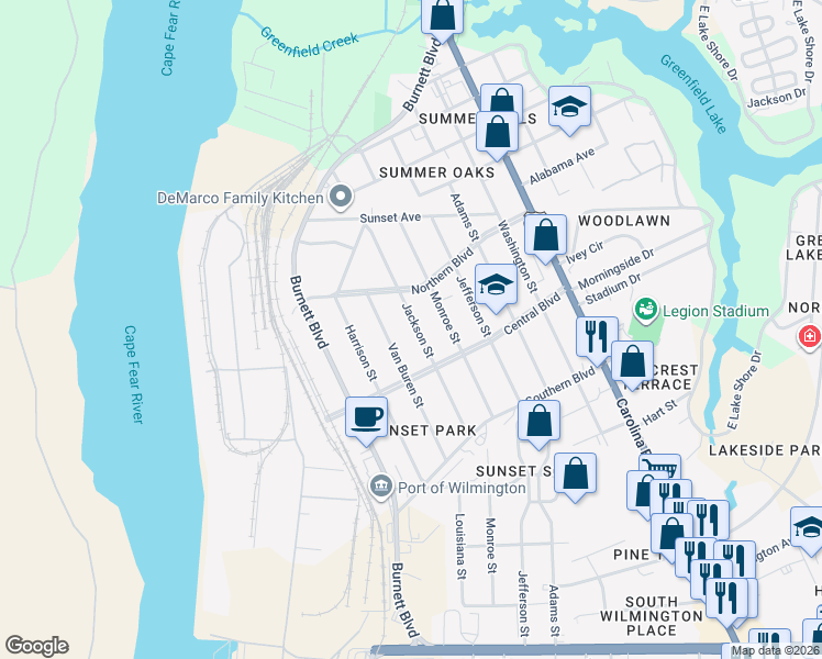 map of restaurants, bars, coffee shops, grocery stores, and more near 2049 Van Buren Street in Wilmington
