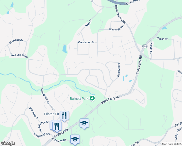 map of restaurants, bars, coffee shops, grocery stores, and more near 368 Downing Creek Trail in Canton