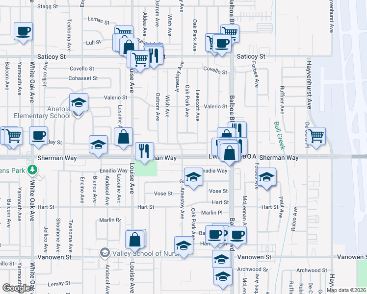 map of restaurants, bars, coffee shops, grocery stores, and more near 17064 Cantlay Street in Los Angeles