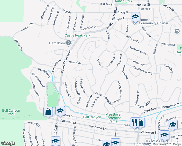 map of restaurants, bars, coffee shops, grocery stores, and more near 7211 Rock Ridge Terrace in Los Angeles