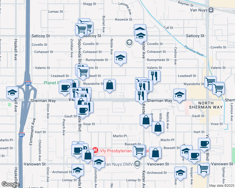 map of restaurants, bars, coffee shops, grocery stores, and more near 15051 Sherman Way in Los Angeles