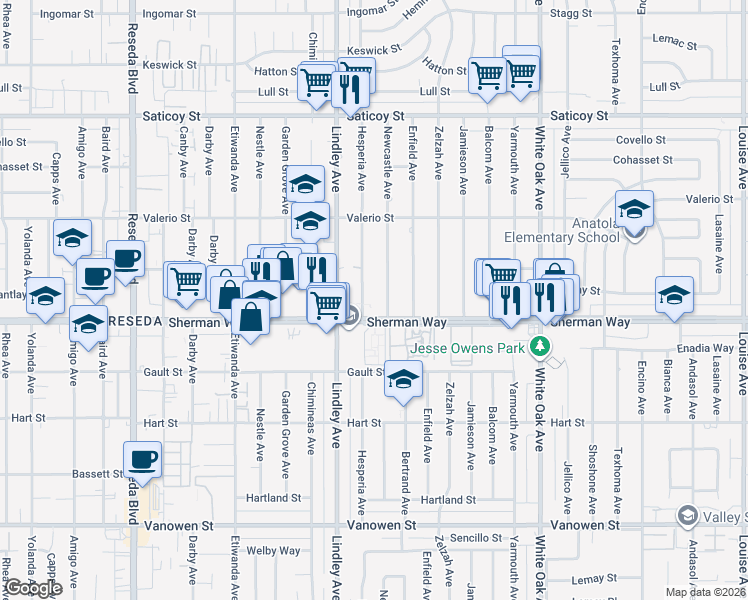 map of restaurants, bars, coffee shops, grocery stores, and more near 18011 Sherman Way in Los Angeles
