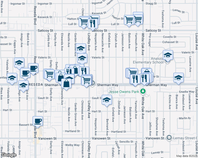map of restaurants, bars, coffee shops, grocery stores, and more near 18011 Sherman Way in Los Angeles
