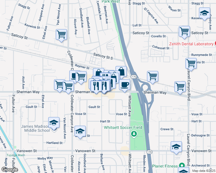 map of restaurants, bars, coffee shops, grocery stores, and more near 12643 Sherman Way in Los Angeles