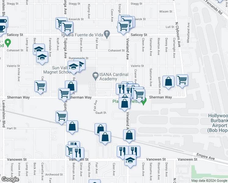 map of restaurants, bars, coffee shops, grocery stores, and more near 11058 Cantlay Street in Los Angeles