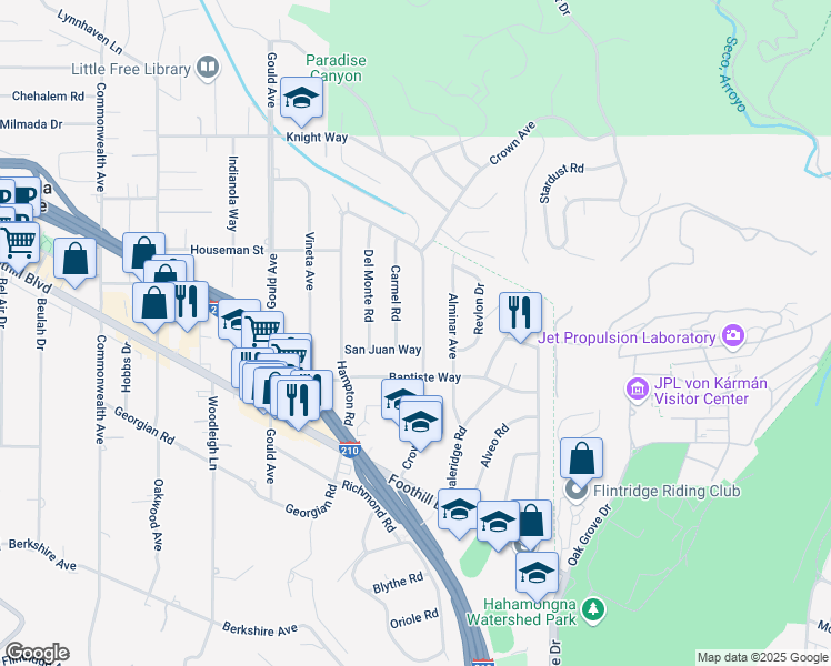 map of restaurants, bars, coffee shops, grocery stores, and more near 4809 Crown Avenue in La Cañada Flintridge