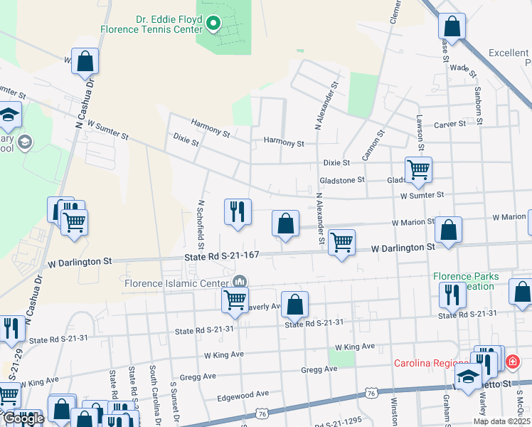 map of restaurants, bars, coffee shops, grocery stores, and more near 1110 Carver Circle in Florence