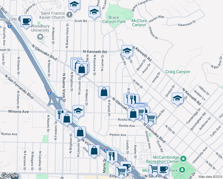 map of restaurants, bars, coffee shops, grocery stores, and more near 2316 North Parish Place in Burbank