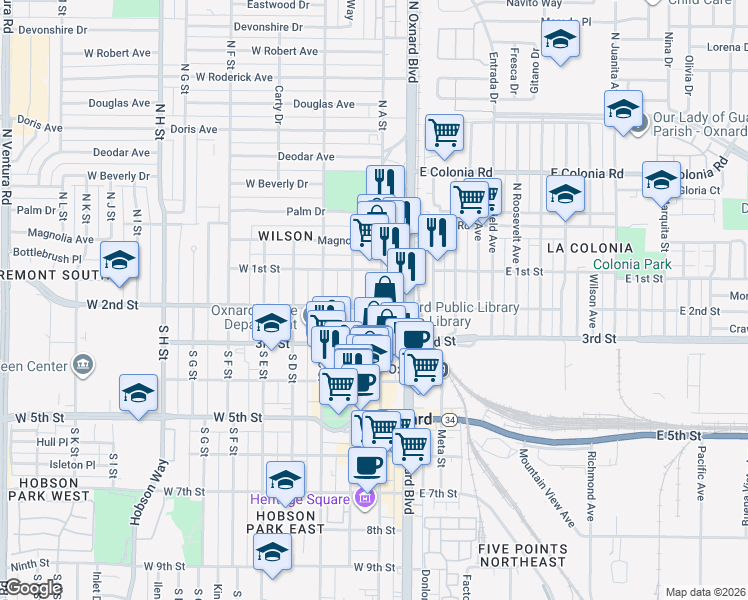 map of restaurants, bars, coffee shops, grocery stores, and more near 250298 West 2nd Street in Oxnard