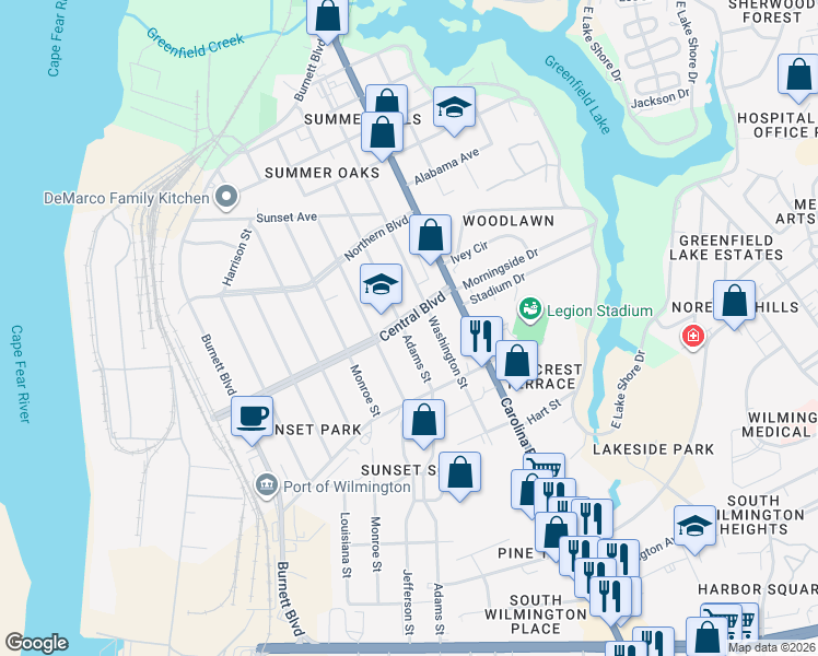 map of restaurants, bars, coffee shops, grocery stores, and more near 302 Central Boulevard in Wilmington