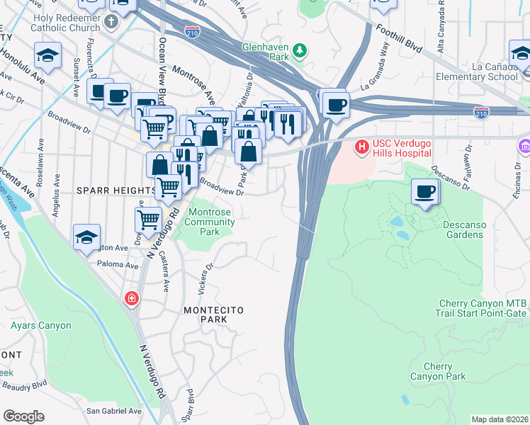 map of restaurants, bars, coffee shops, grocery stores, and more near 3481 Stancrest Drive in Glendale
