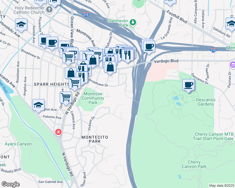 map of restaurants, bars, coffee shops, grocery stores, and more near 3481 Stancrest Drive in Glendale