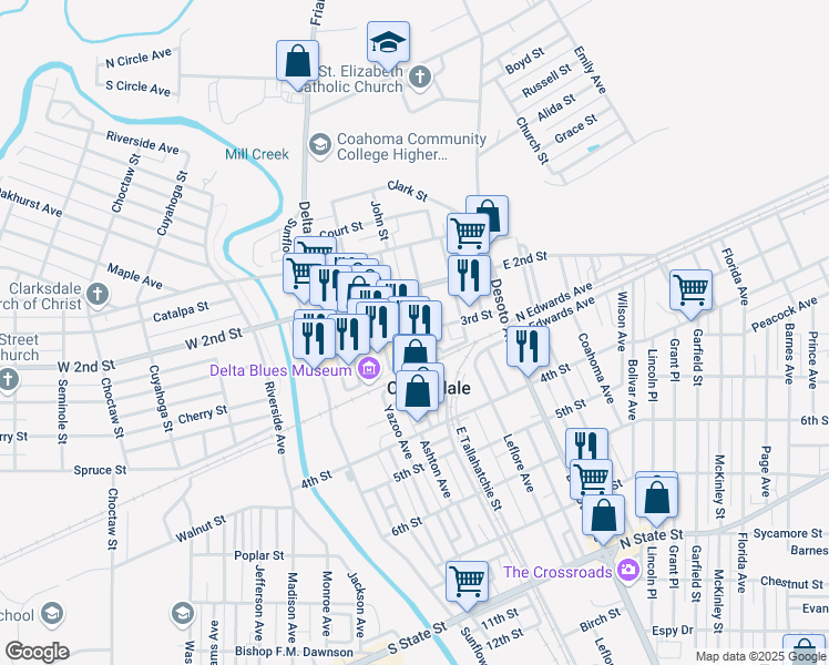 map of restaurants, bars, coffee shops, grocery stores, and more near 3rd Street in Clarksdale