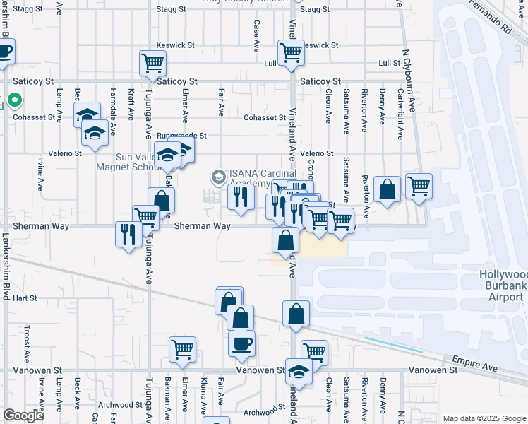 map of restaurants, bars, coffee shops, grocery stores, and more near 11101 Sherman Way in Los Angeles
