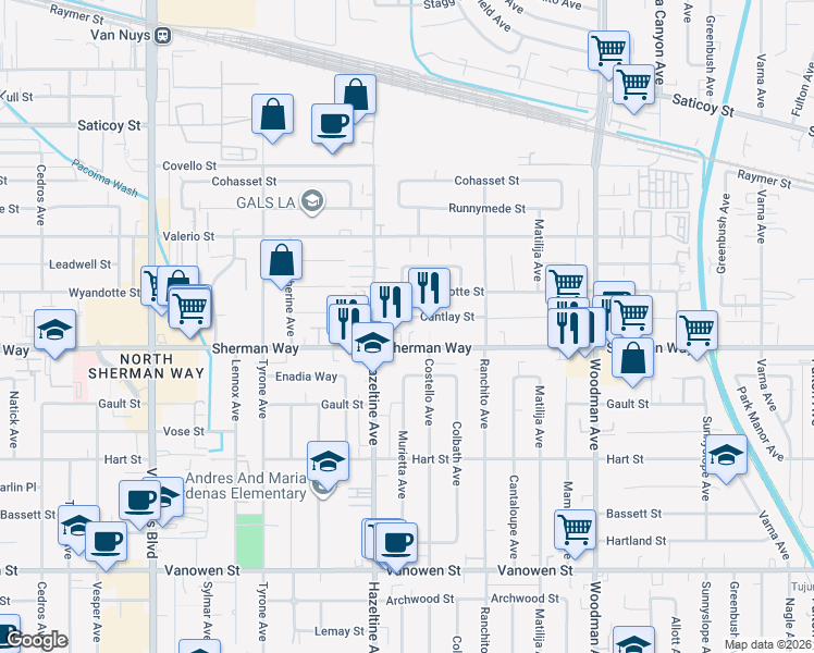 map of restaurants, bars, coffee shops, grocery stores, and more near 14019 Sherman Way in Los Angeles