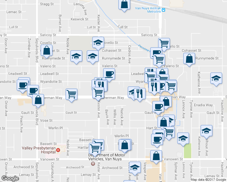 map of restaurants, bars, coffee shops, grocery stores, and more near 14757 Sherman Way in Los Angeles