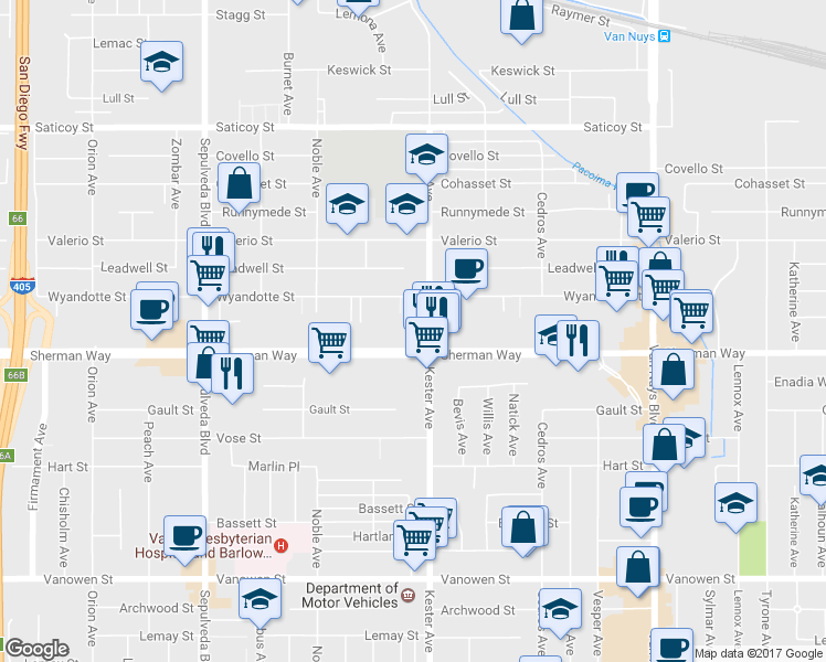 map of restaurants, bars, coffee shops, grocery stores, and more near in Los Angeles