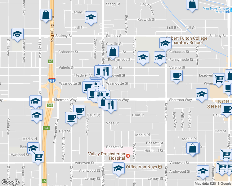 map of restaurants, bars, coffee shops, grocery stores, and more near 3 Sherman Way in Los Angeles