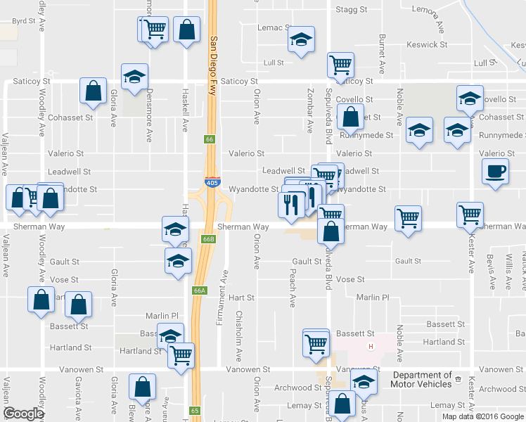 map of restaurants, bars, coffee shops, grocery stores, and more near 15425 Sherman Way in Los Angeles